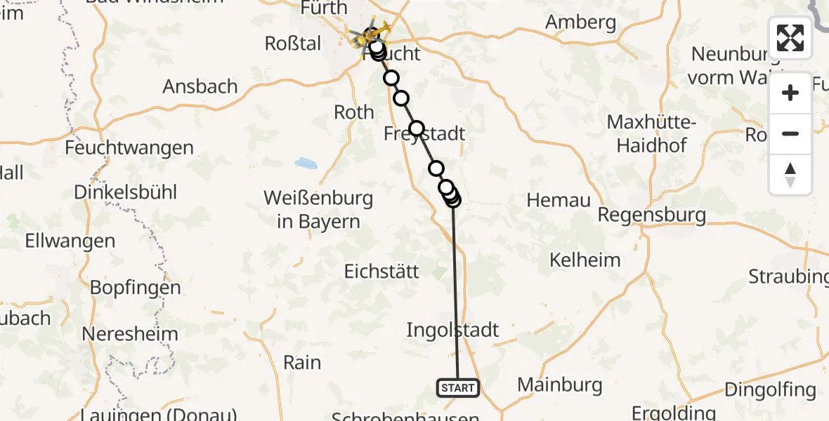 Flugroute Rettungshubschrauber Reichertshofen - Nürnberg South Hospital, 26 Oktober 2026, 08:16