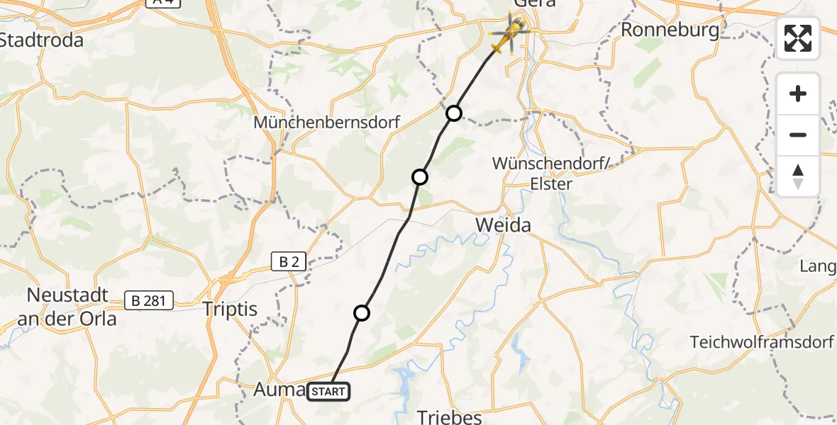 Flugroute Rettungshubschrauber Auma-Weidatal - Gera, 26 Oktober 2026, 08:20
