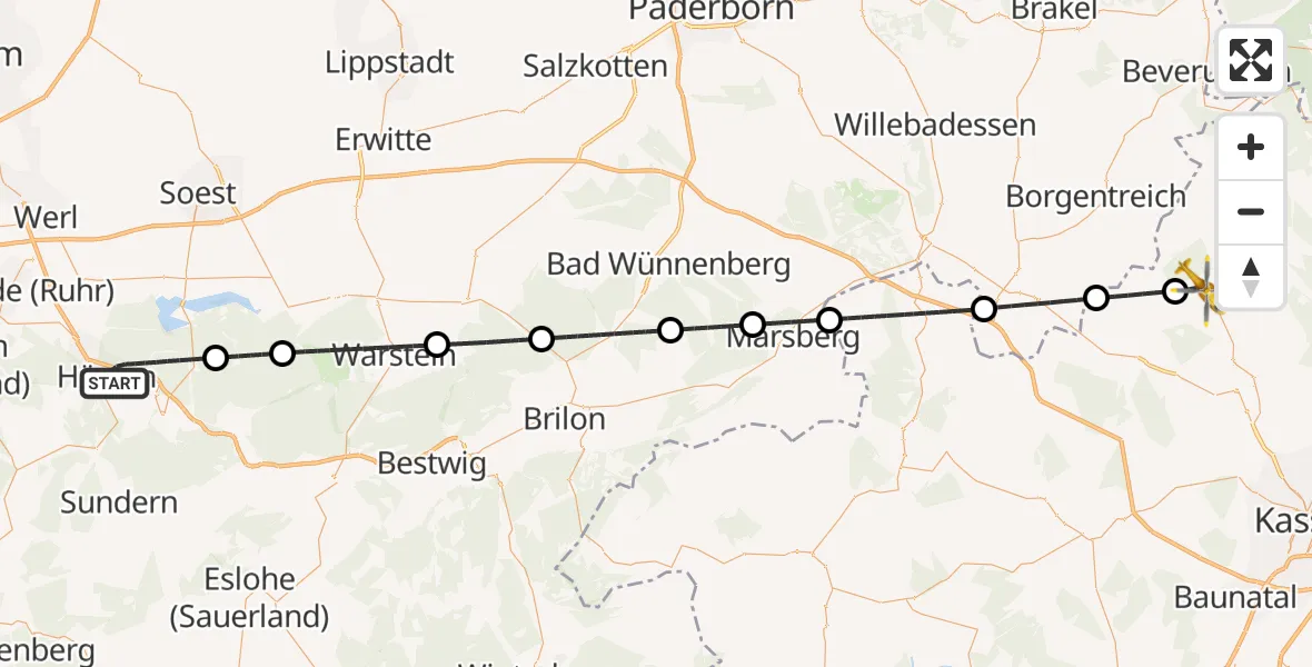 Flugroute Rettungshubschrauber Arnsberg - Hofgeismar, 26 Oktober 2026, 08:32