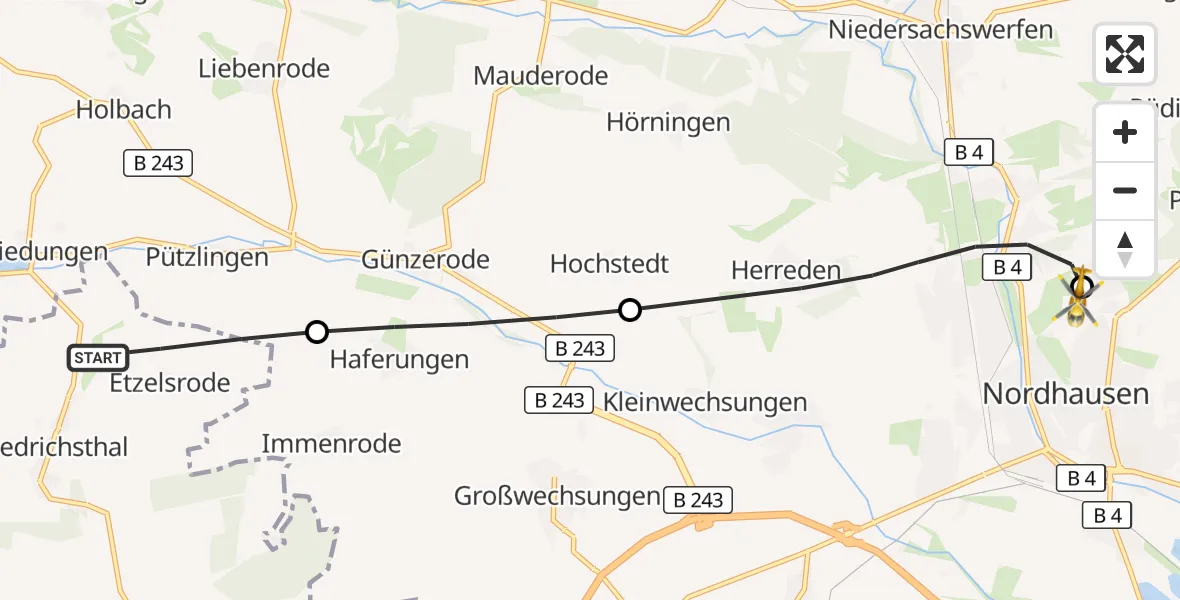 Flugroute Rettungshubschrauber Bleicherode - Südharz Hospital Nordhausen, 26 Oktober 2026, 08:40