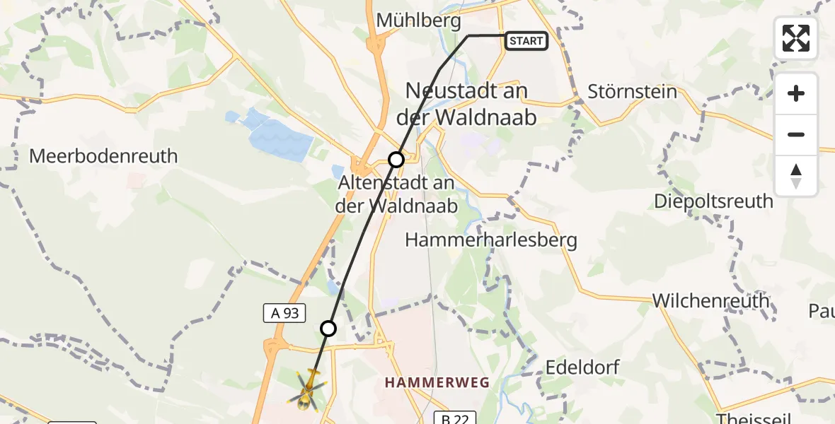 Flugroute Ambulanzhubschrauber Neustadt a.d.Waldnaab - Weiden i.d.OPf., 26 Oktober 2026, 08:41