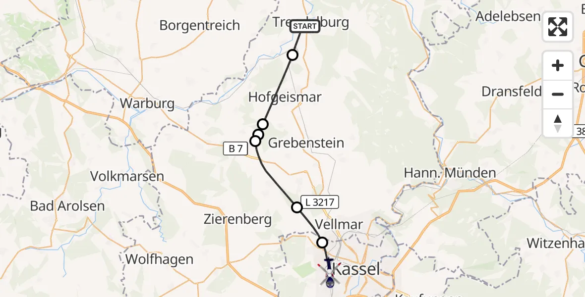 Flugroute Polizeihubschrauber Trendelburg - Kassel, 26 Oktober 2026, 08:43