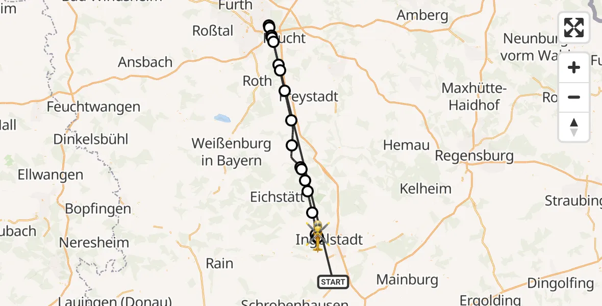 Flugroute Rettungshubschrauber Reichertshofen - Ingolstadt Hospital, 26 Oktober 2026, 08:53