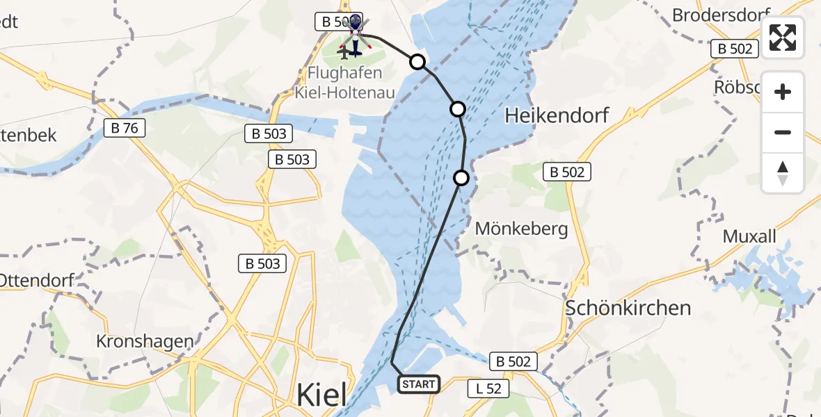 Flugroute Polizeihubschrauber Kiel - Kiel-Holtenau Flughafen, 26 Oktober 2026, 09:08