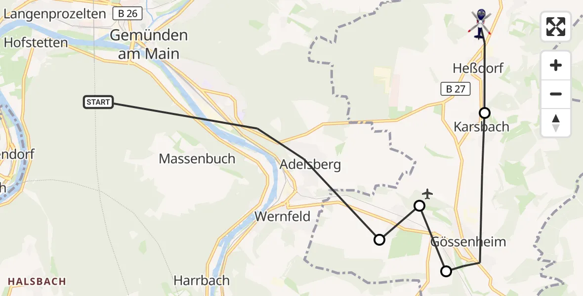 Flugroute Polizeihubschrauber Gemünden a.Main - Karsbach, 26 Oktober 2026, 09:17
