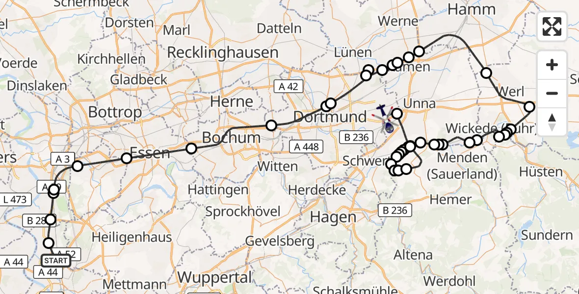 Flugroute Polizeihubschrauber Düsseldorf Flughafen - Dortmund Flughafen, 26 Oktober 2026, 09:19