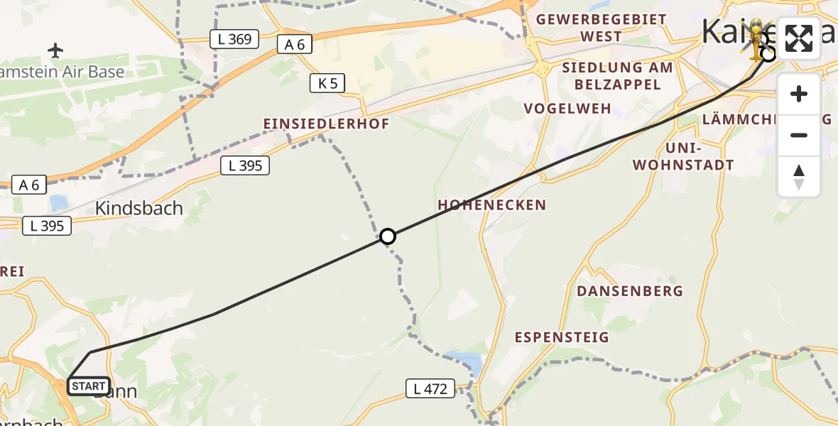 Flugroute Rettungshubschrauber Bann - Westpfalz Hospital Kaiserslautern, 26 Oktober 2026, 09:20