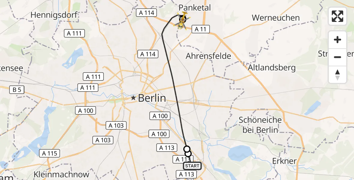 Flugroute Rettungshubschrauber Berlin - Helios Clinic Berlin-Buch, 26 Oktober 2026, 09:35
