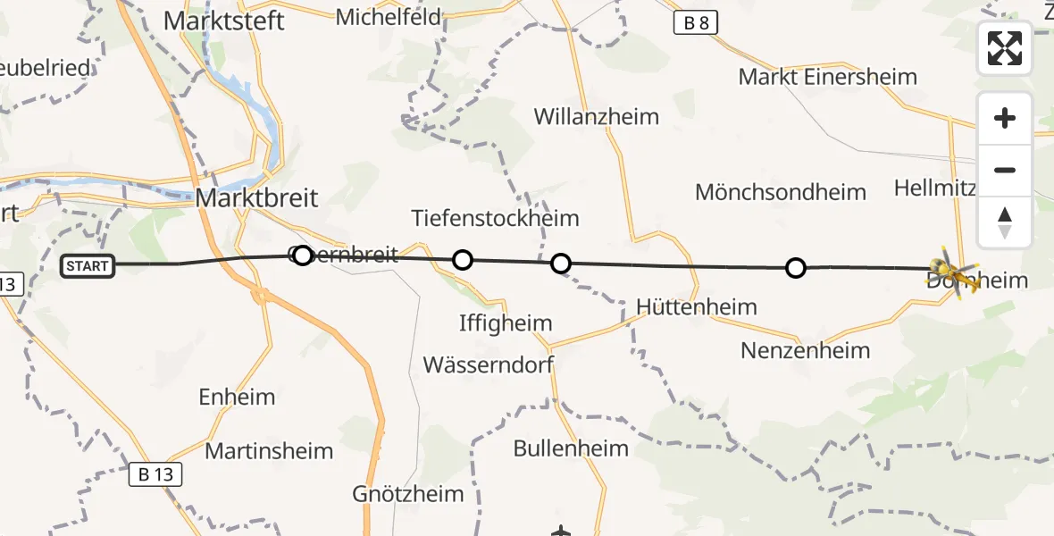 Flugroute Rettungshubschrauber Marktbreit - Iphofen, 26 Oktober 2026, 09:38