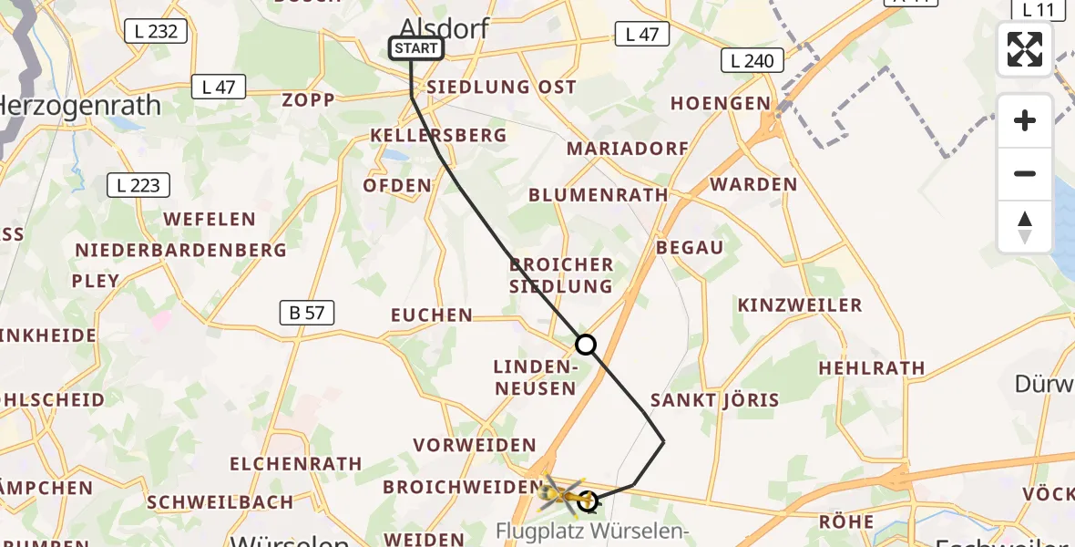 Flugroute Rettungshubschrauber Alsdorf - Aachen-Merzbrück Flughafen, 26 Oktober 2026, 09:54