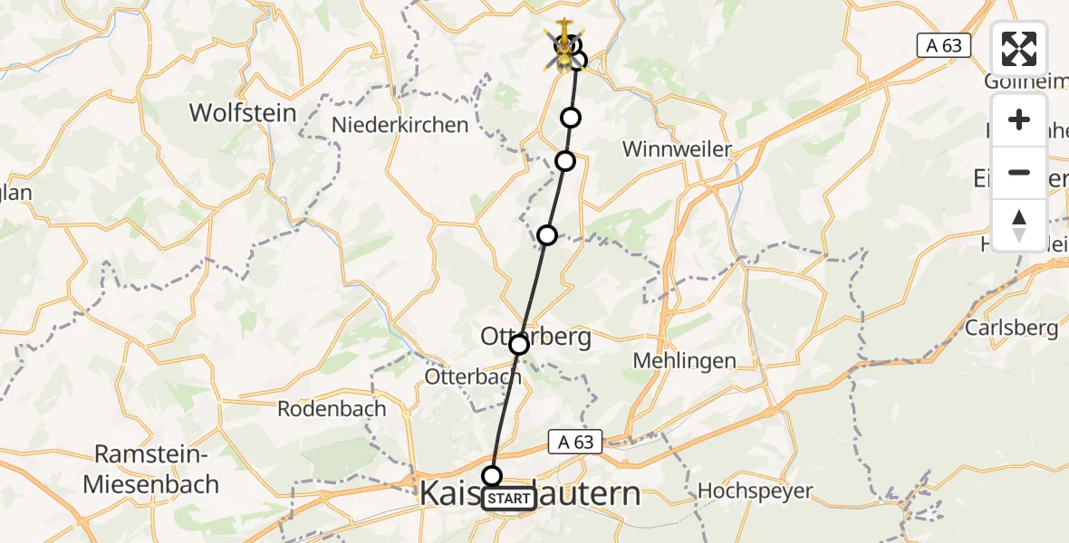 Flugroute Rettungshubschrauber Westpfalz Hospital Kaiserslautern - Rockenhausen, 26 Oktober 2026, 09:58