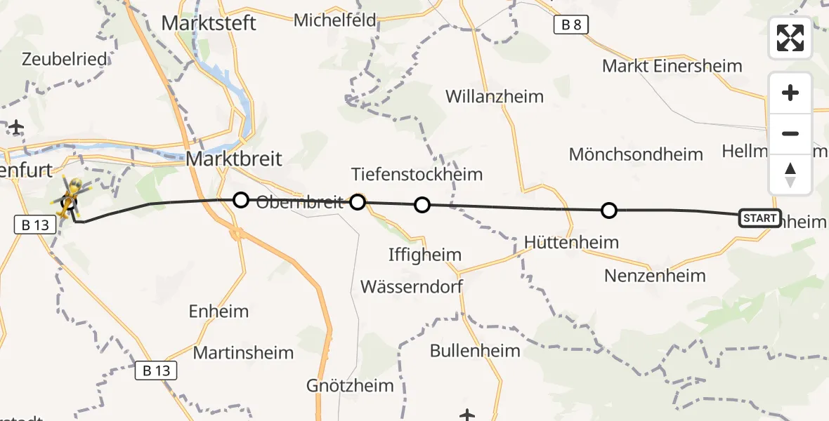 Flugroute Rettungshubschrauber Iphofen - Ochsenfurt Hospital, 26 Oktober 2026, 10:06