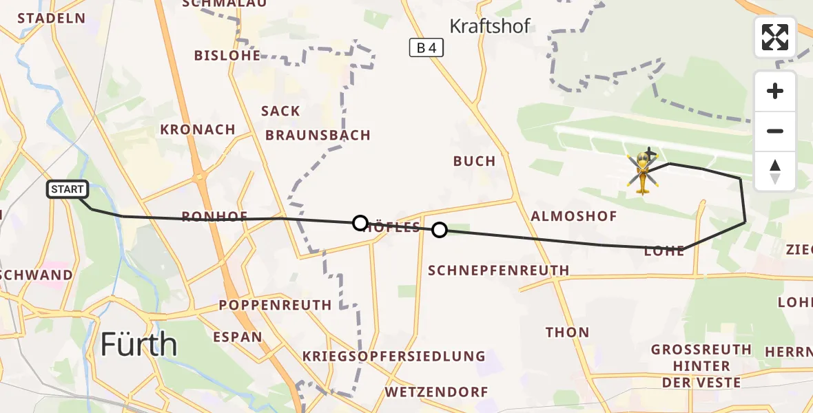 Flugroute Rettungshubschrauber Fürth - Flughafen Nuremberg, 26 Oktober 2026, 10:09