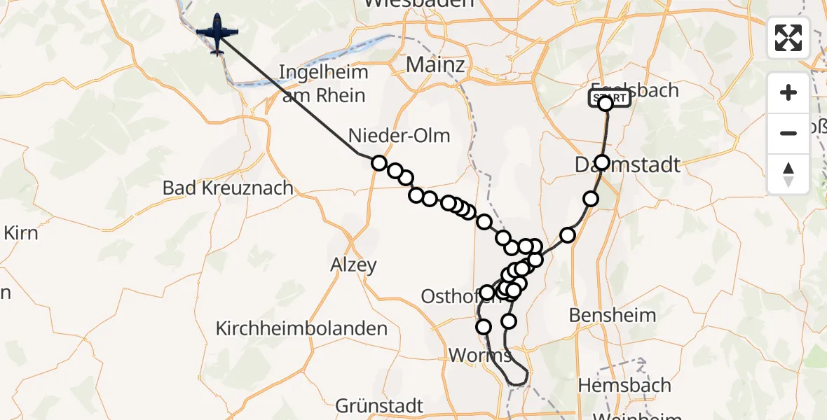 Flugroute Polizeiflugzeug Erzhausen - Rüdesheim am Rhein, 26 Oktober 2026, 10:13