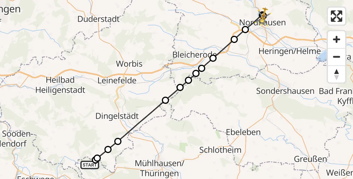 Flugroute Rettungshubschrauber Südeichsfeld - Südharz Hospital Nordhausen, 26 Oktober 2026, 10:13
