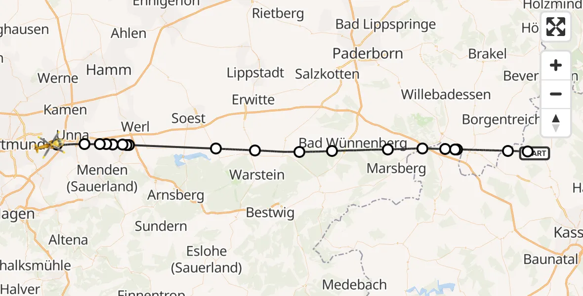 Flugroute Rettungshubschrauber Hofgeismar - Dortmund Flughafen, 26 Oktober 2026, 10:17