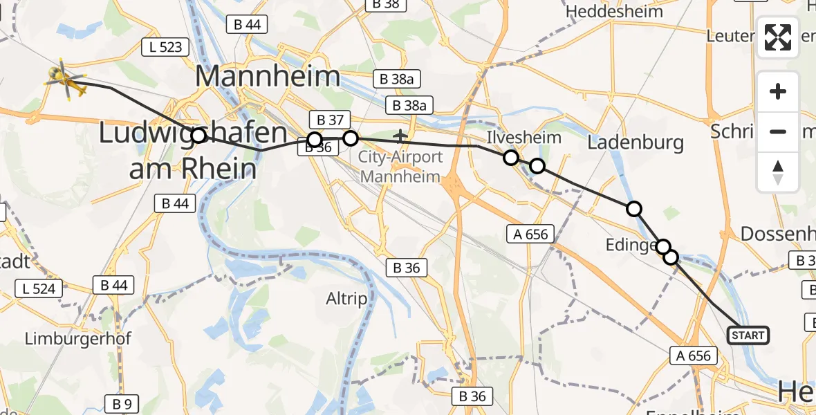 Flugroute Rettungshubschrauber Heidelberg - Ludwigshafen Accident Hospital, 26 Oktober 2026, 10:18