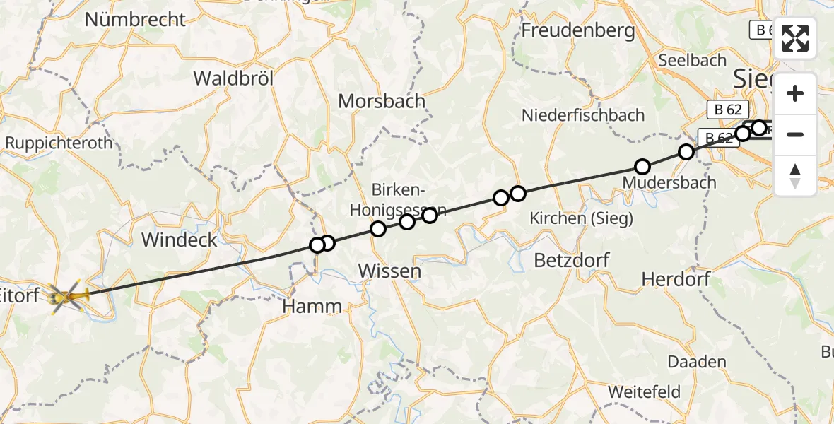 Flugroute Rettungshubschrauber Evangelisches Jung-Stilling Hospital - Eitorf, 26 Oktober 2026, 10:29