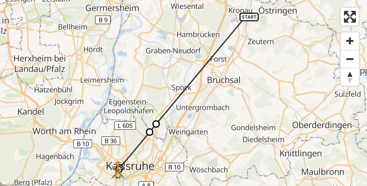 Flugroute Ambulanzhubschrauber Bad Schönborn - Sankt Vincentius Hospital, 26 Oktober 2026, 10:40