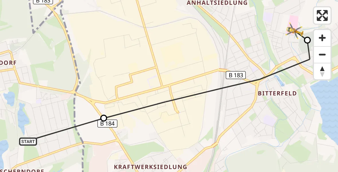 Flugroute Rettungshubschrauber Sandersdorf-Brehna - Bitterfield-Wolfen Health Center Hubschrauberlandeplatz, 26 Oktober 2026, 10:49