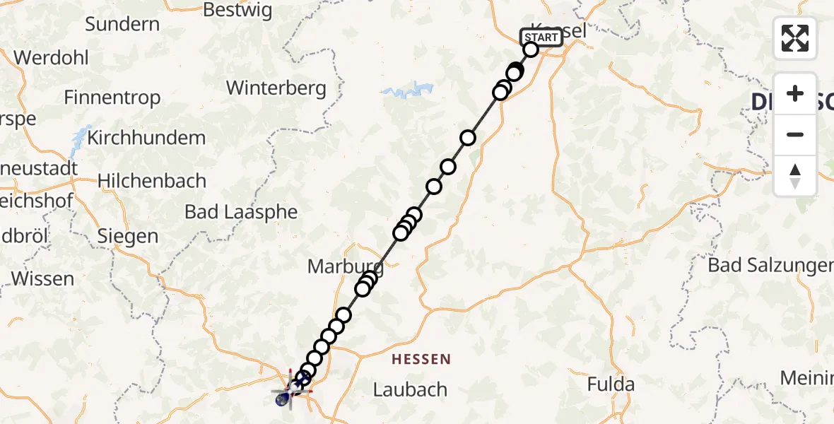 Flugroute Polizeihubschrauber Kassel - Gießen-Lützellinden Flugplatz, 26 Oktober 2026, 10:49