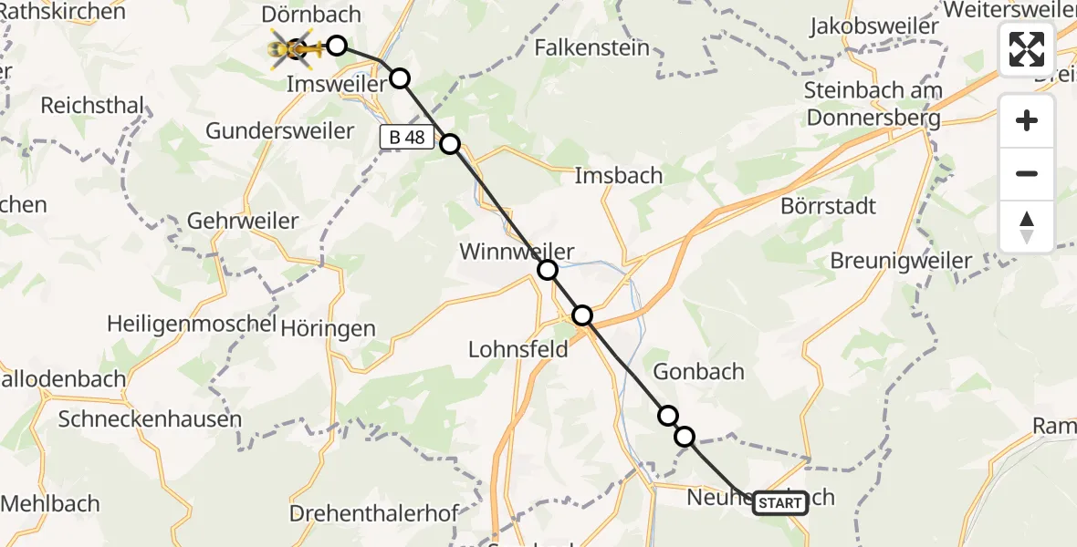 Flugroute Rettungshubschrauber Neuhemsbach - Rockenhausen, 26 Oktober 2026, 10:51