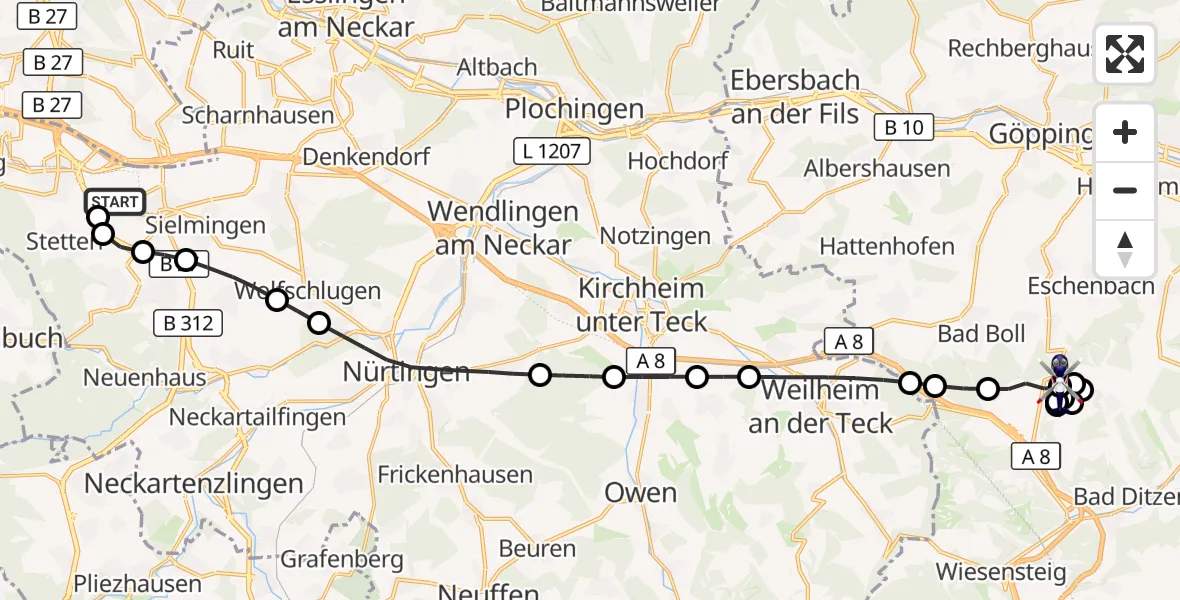 Flugroute Polizeihubschrauber Flughafen Stuttgart - Gruibingen-Nortel Flugplatz, 26 Oktober 2026, 11:06