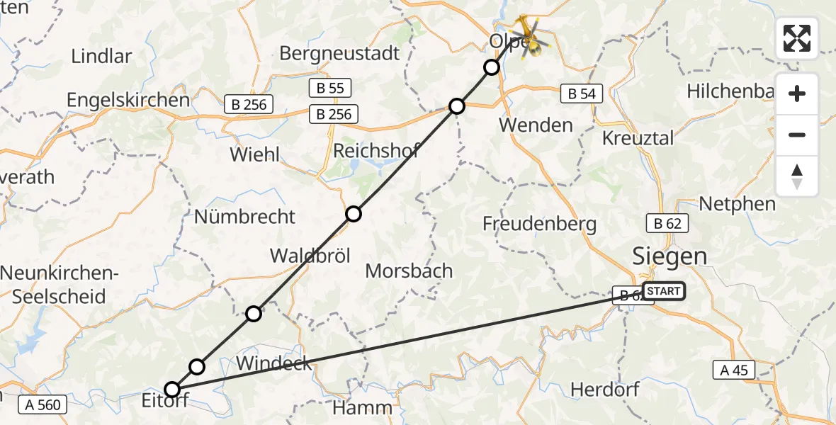 Flugroute Rettungshubschrauber Evangelisches Jung-Stilling Hospital - Olpe, 26 Oktober 2026, 11:15
