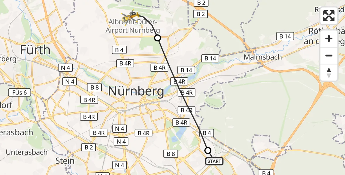Flugroute Ambulanzhubschrauber Nürnberg South Hospital - Flughafen Nuremberg, 26 Oktober 2026, 11:19