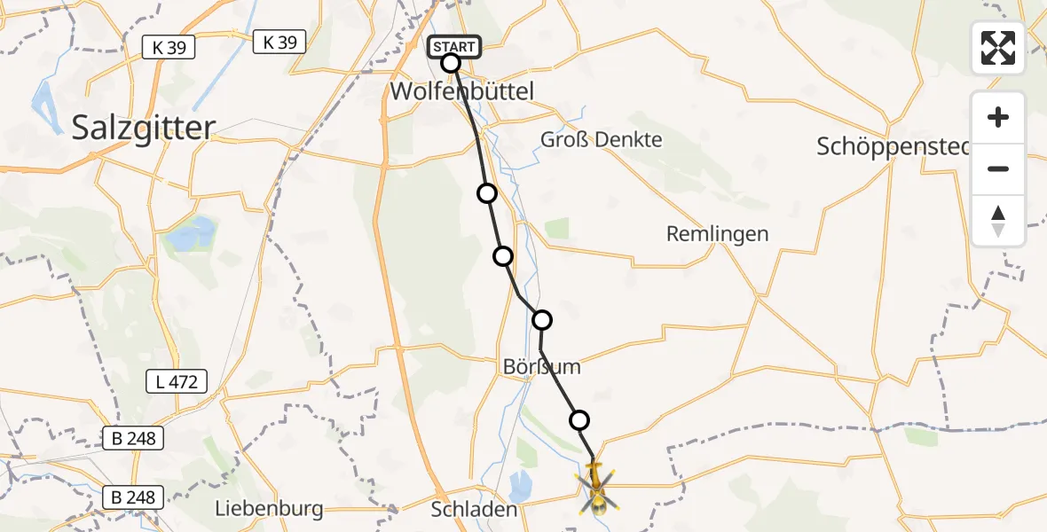 Flugroute Rettungshubschrauber Wolfenbüttel Municipal Hospital Heliport (Christoph 30) - Schladen-Werla, 26 Oktober 2026, 11:21