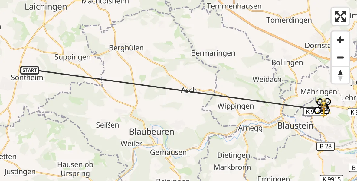 Flugroute Rettungshubschrauber Heroldstatt - ADAC Air Rescue Station Ulm (Christoph 22), 26 Oktober 2026, 11:22