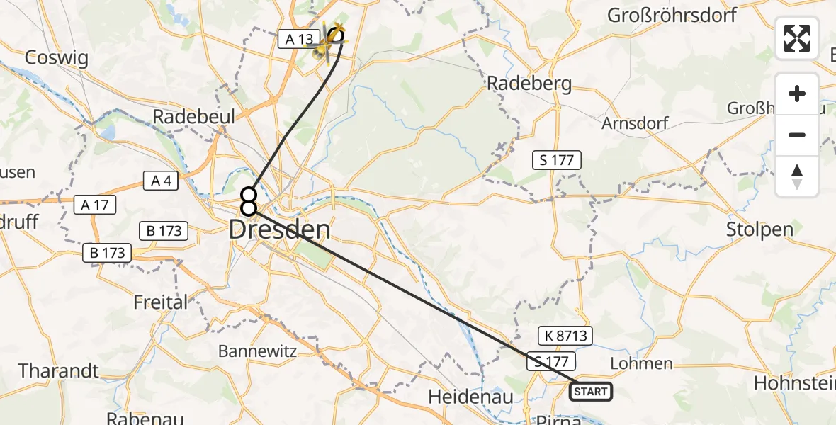 Flugroute Rettungshubschrauber Pirna - Dresden Bundespolizei Hubschrauberlandeplatz, 26 Oktober 2026, 11:33