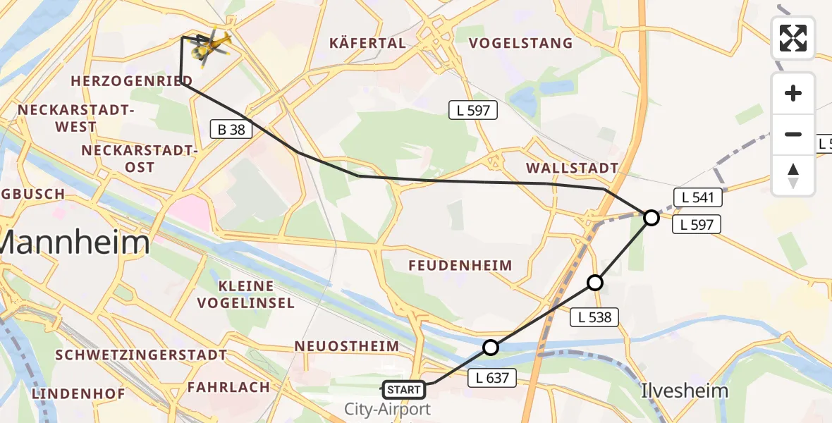 Flugroute Rettungshubschrauber Mannheim-City Flughafen - Mannheim, 26 Oktober 2026, 11:36