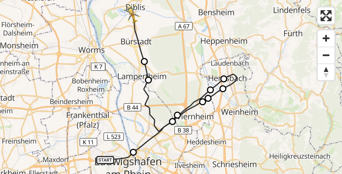 Flugroute Rettungshubschrauber Ludwigshafen am Rhein - Biblis, 26 Oktober 2026, 11:38