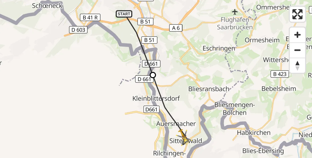 Flugroute Rettungshubschrauber Saarbrücken - Kleinblittersdorf, 26 Oktober 2026, 11:45
