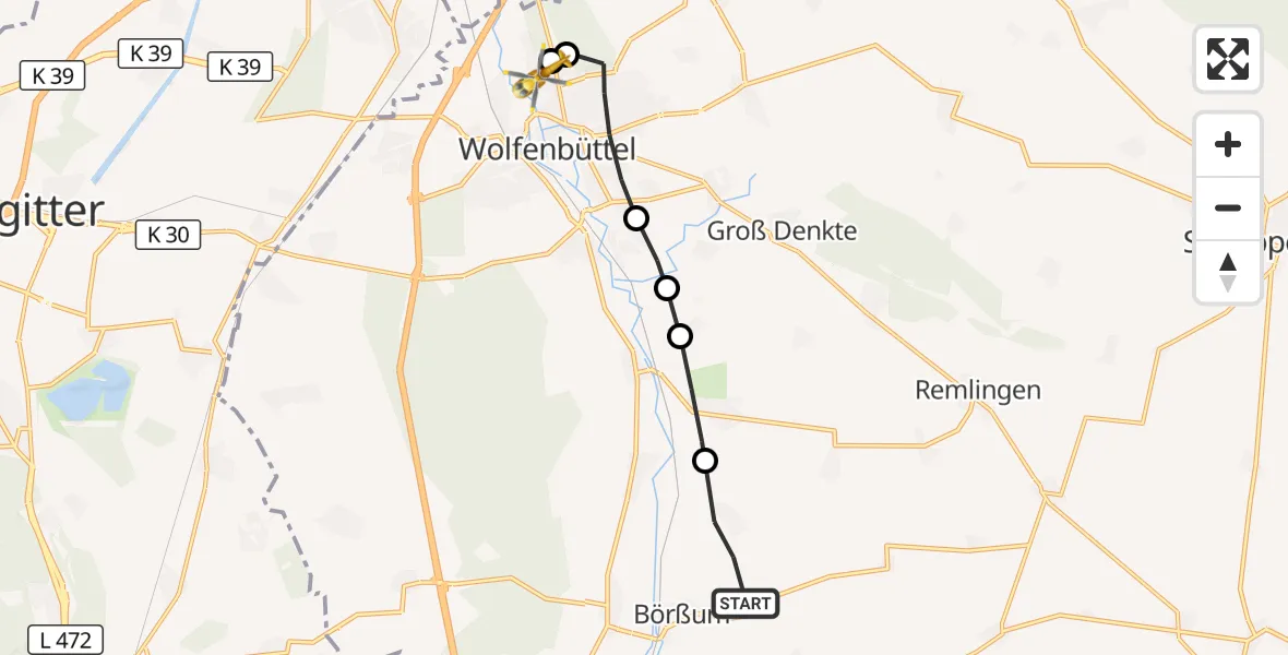 Flugroute Rettungshubschrauber Börßum - Wolfenbüttel Municipal Hospital Heliport (Christoph 30), 26 Oktober 2026, 11:59