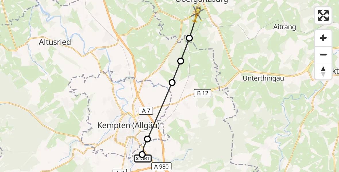 Flugroute Rettungshubschrauber Kempten-Durach Flugplatz - Günzach, 26 Oktober 2026, 12:09