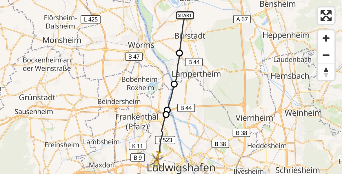 Flugroute Rettungshubschrauber Bürstadt - Ludwigshafen Accident Hospital Hubschrauberlandeplatz, 26 Oktober 2026, 12:19