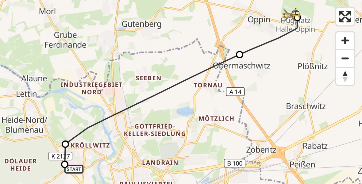 Flugroute Rettungshubschrauber Halle (Saale) University Hospital - Halle-Oppin Flugplatz, 26 Oktober 2026, 12:22