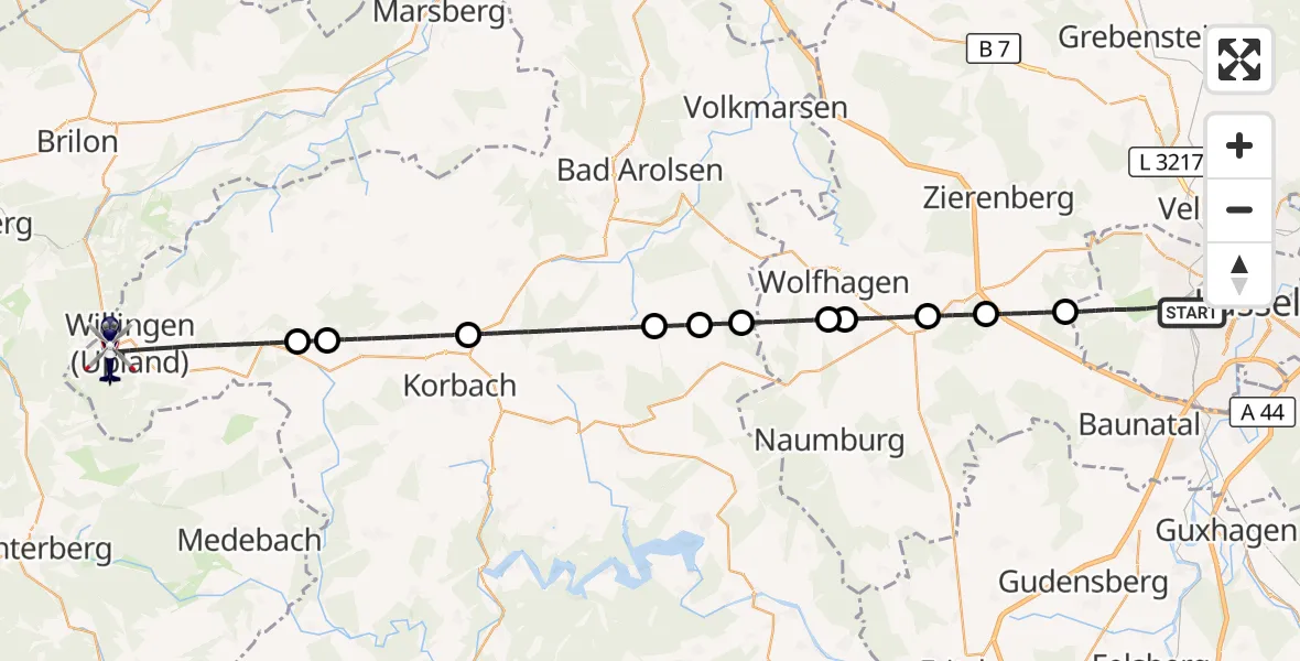 Flugroute Polizeihubschrauber Kassel - Willingen (Upland), 26 Oktober 2026, 12:24