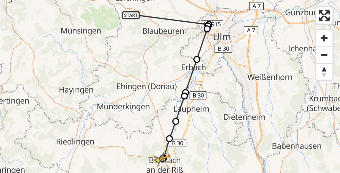 Flugroute Rettungshubschrauber Heroldstatt - Sana Clinic Biberach District Hospital, 26 Oktober 2026, 12:26