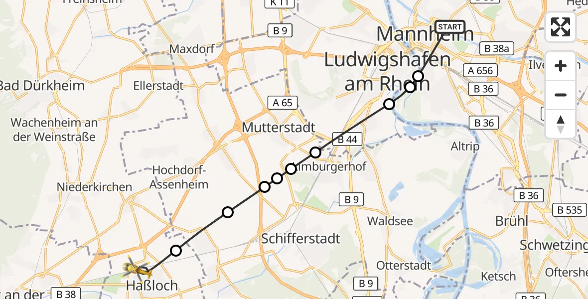 Flugroute Rettungshubschrauber Mannheim - Haßloch, 26 Oktober 2026, 12:26