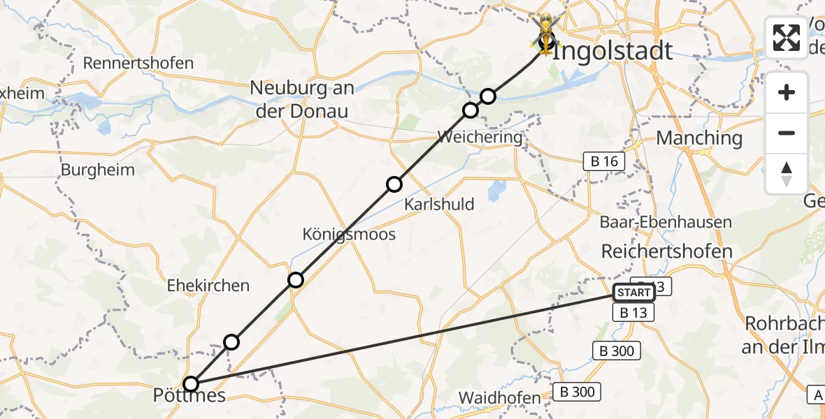 Flugroute Rettungshubschrauber Reichertshofen - Ingolstadt Hospital, 26 Oktober 2026, 12:29