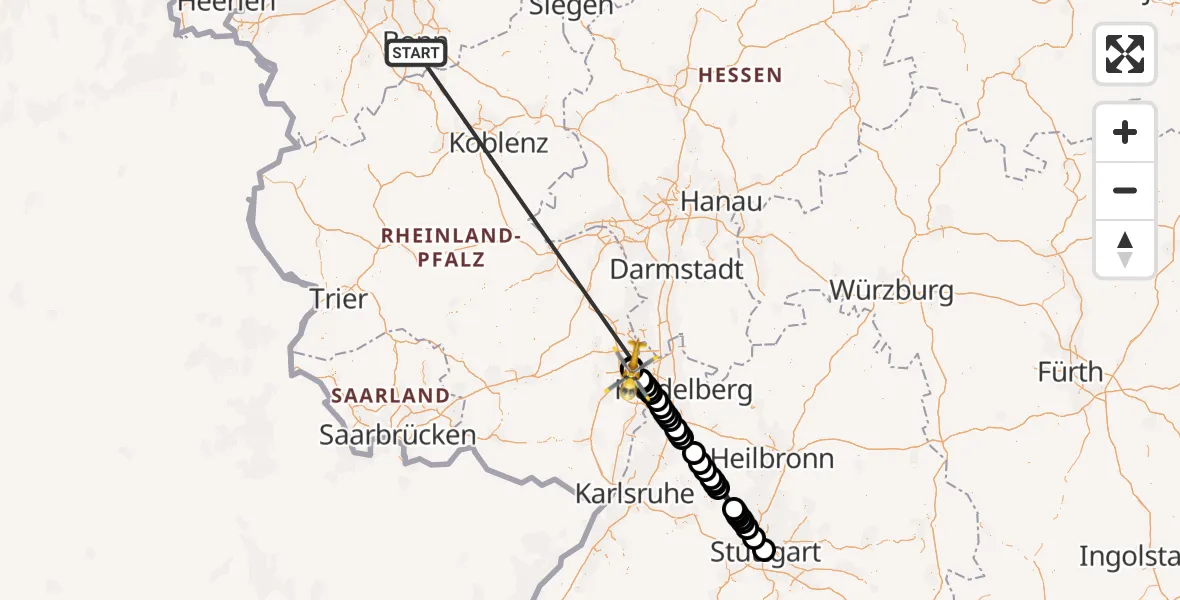 Flugroute Ambulanzhubschrauber Bonn University Hospital - Ludwigshafen Accident Hospital, 26 Oktober 2026, 12:36