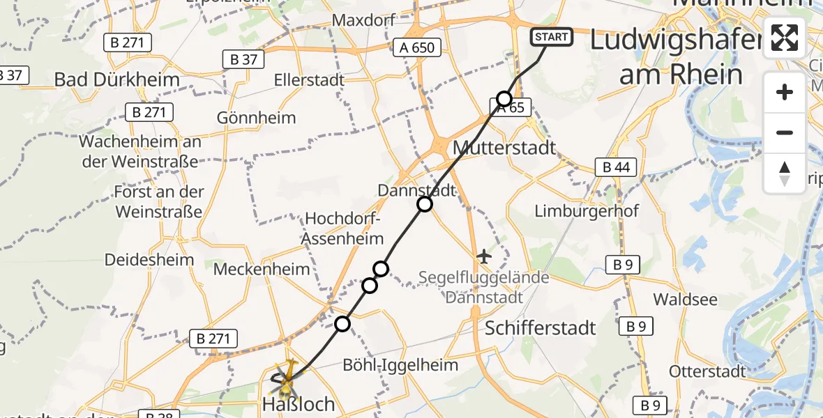 Flugroute Rettungshubschrauber Ludwigshafen am Rhein - Haßloch, 26 Oktober 2026, 12:36