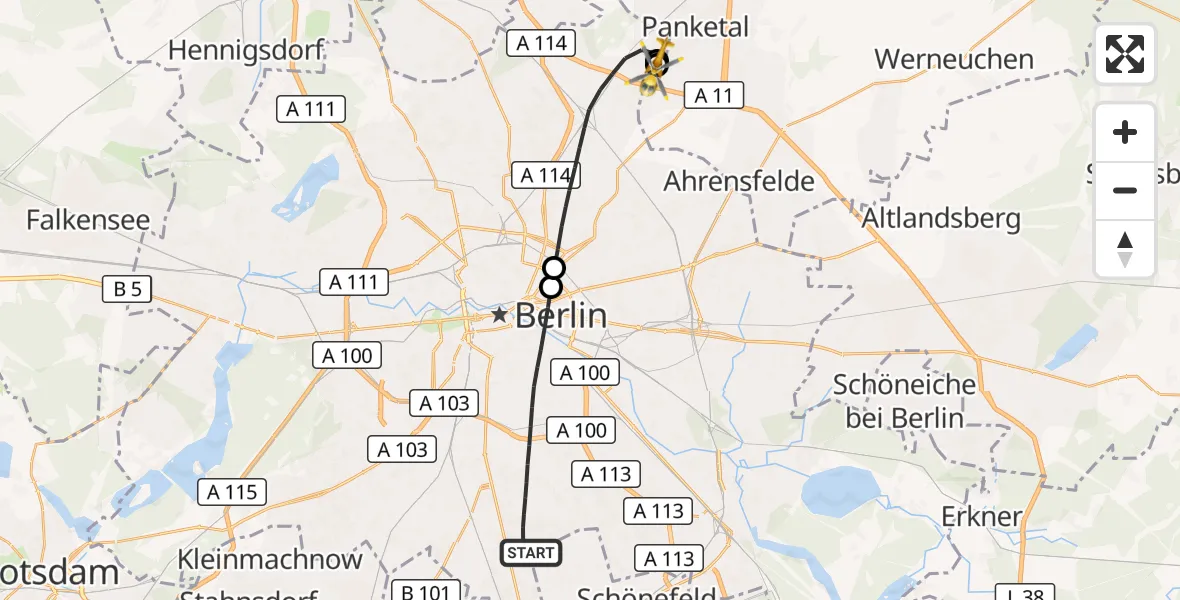 Flugroute Rettungshubschrauber Berlin - Helios Clinic Berlin-Buch, 26 Oktober 2026, 12:56