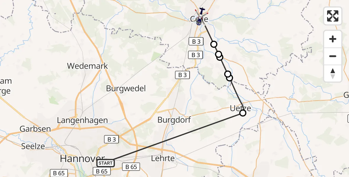Flugroute Polizeihubschrauber Hannover - Celle, 26 Oktober 2026, 13:00