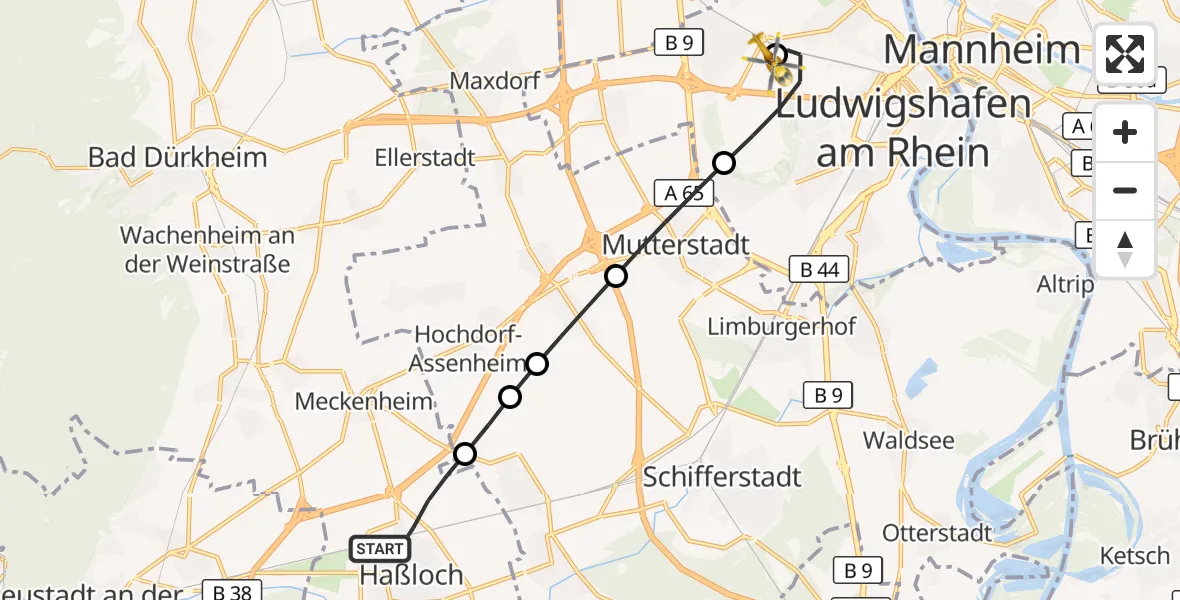 Flugroute Rettungshubschrauber Haßloch - Ludwigshafen Accident Hospital, 26 Oktober 2026, 13:12