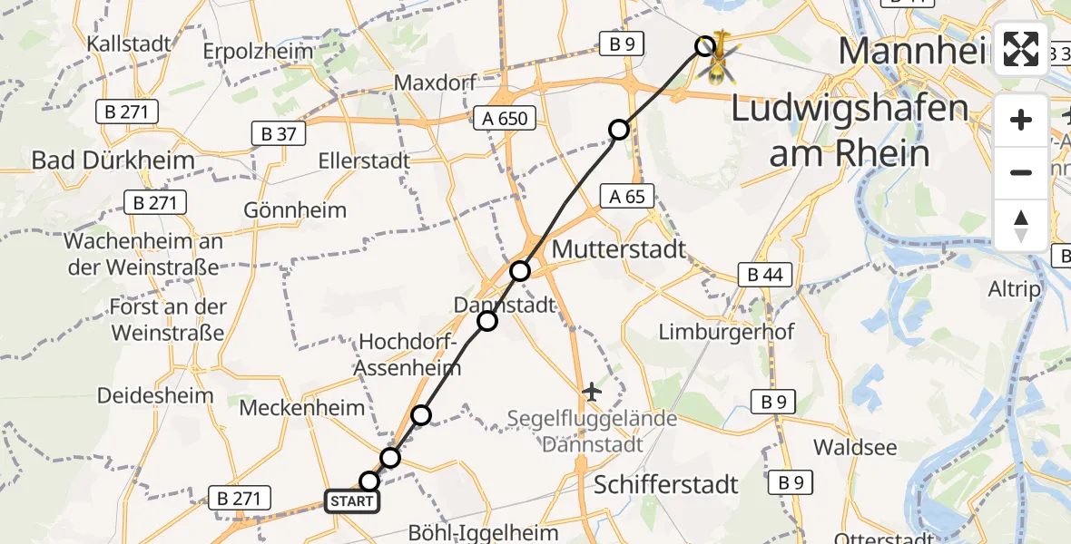 Flugroute Rettungshubschrauber Haßloch - Ludwigshafen Accident Hospital, 26 Oktober 2026, 13:15