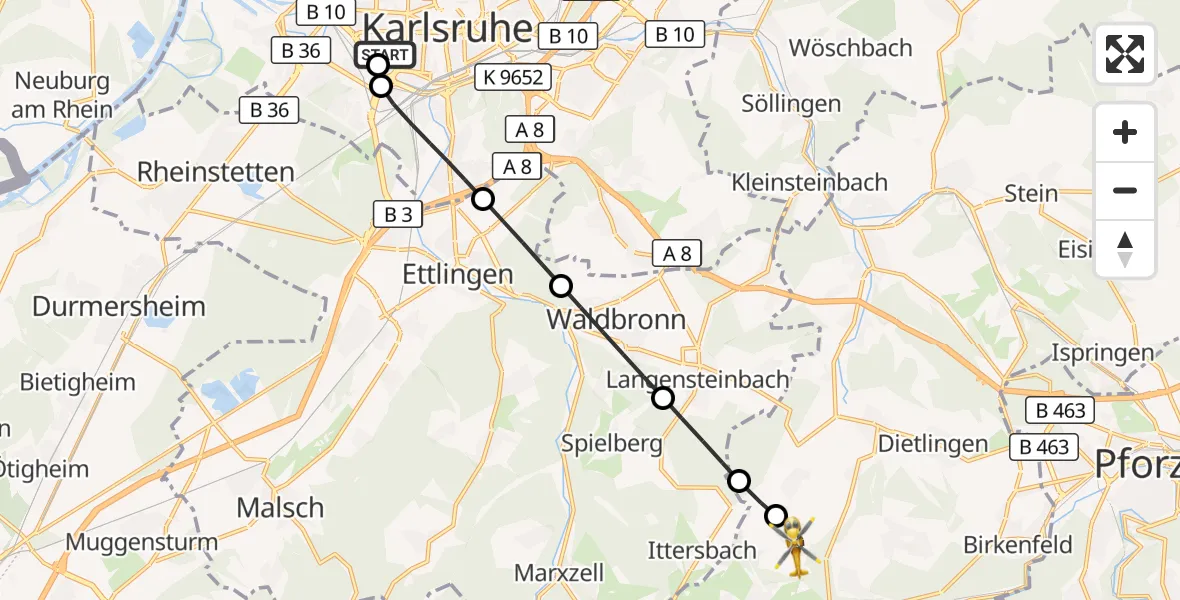 Flugroute Ambulanzhubschrauber Sankt Vincentius Hospital - Straubenhardt, 26 Oktober 2026, 13:19